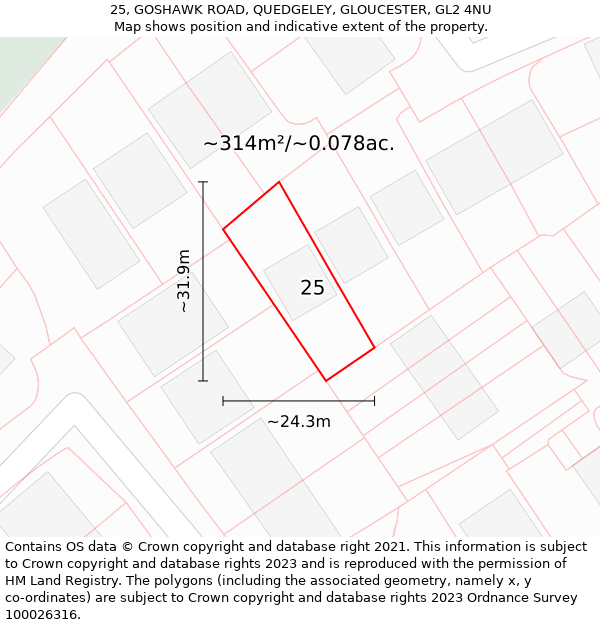 25, GOSHAWK ROAD, QUEDGELEY, GLOUCESTER, GL2 4NU: Plot and title map