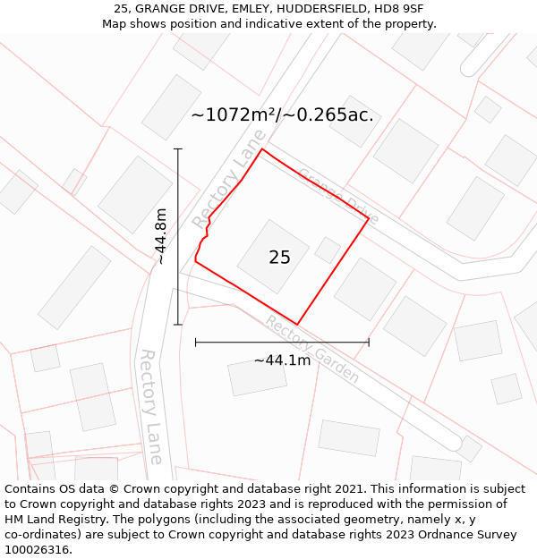 25, GRANGE DRIVE, EMLEY, HUDDERSFIELD, HD8 9SF: Plot and title map