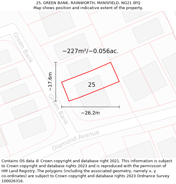 25, GREEN BANK, RAINWORTH, MANSFIELD, NG21 0FQ: Plot and title map