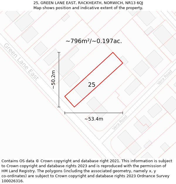 25, GREEN LANE EAST, RACKHEATH, NORWICH, NR13 6QJ: Plot and title map