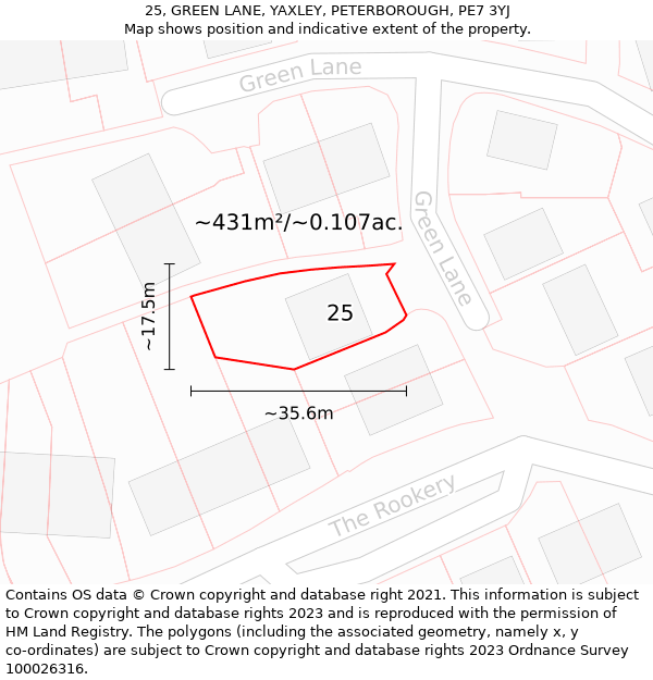 25, GREEN LANE, YAXLEY, PETERBOROUGH, PE7 3YJ: Plot and title map