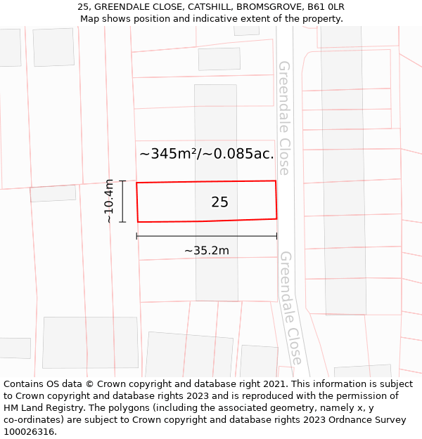 25, GREENDALE CLOSE, CATSHILL, BROMSGROVE, B61 0LR: Plot and title map