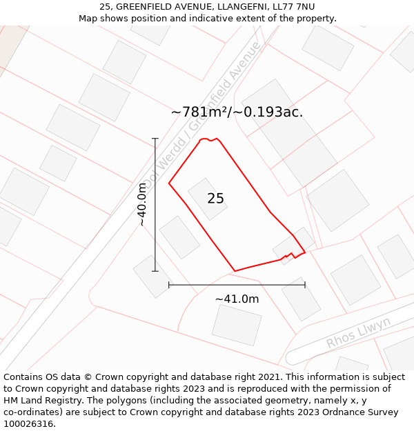 25, GREENFIELD AVENUE, LLANGEFNI, LL77 7NU: Plot and title map