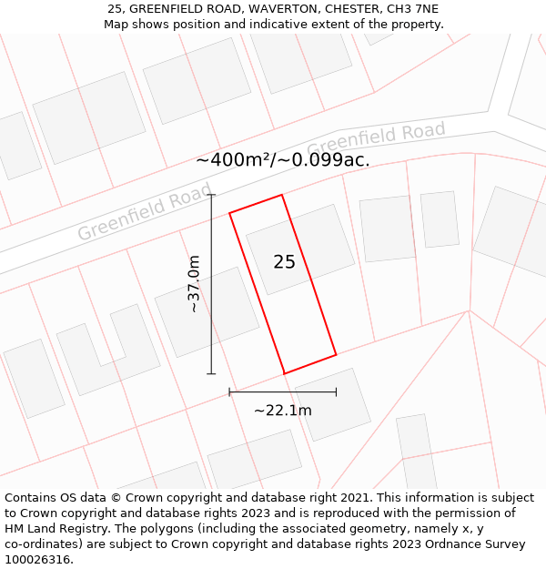 25, GREENFIELD ROAD, WAVERTON, CHESTER, CH3 7NE: Plot and title map