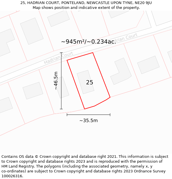 25, HADRIAN COURT, PONTELAND, NEWCASTLE UPON TYNE, NE20 9JU: Plot and title map