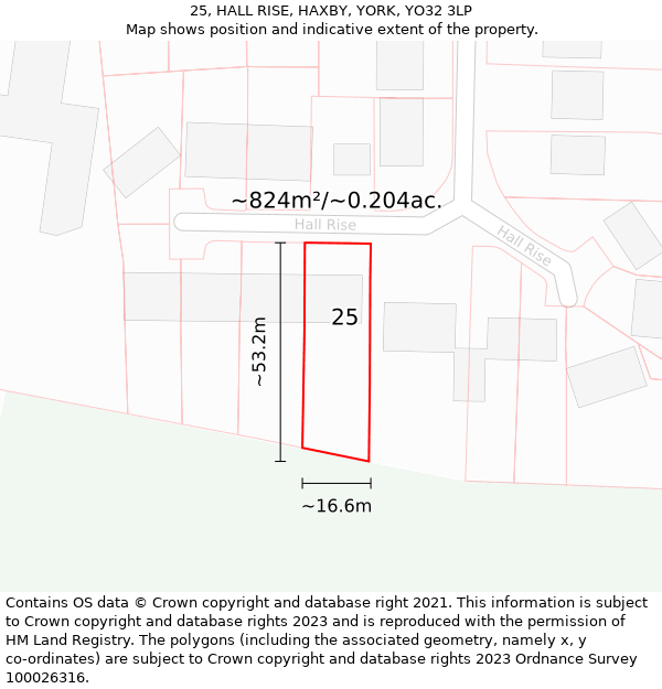 25, HALL RISE, HAXBY, YORK, YO32 3LP: Plot and title map