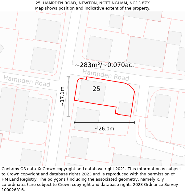 25, HAMPDEN ROAD, NEWTON, NOTTINGHAM, NG13 8ZX: Plot and title map