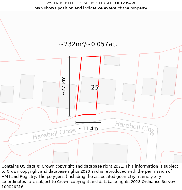 25, HAREBELL CLOSE, ROCHDALE, OL12 6XW: Plot and title map