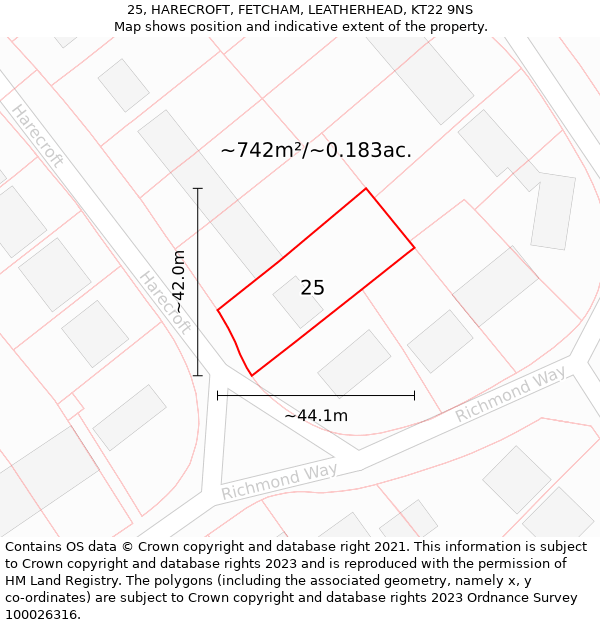 25, HARECROFT, FETCHAM, LEATHERHEAD, KT22 9NS: Plot and title map