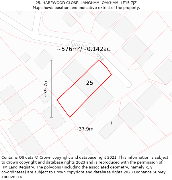 25, HAREWOOD CLOSE, LANGHAM, OAKHAM, LE15 7JZ: Plot and title map