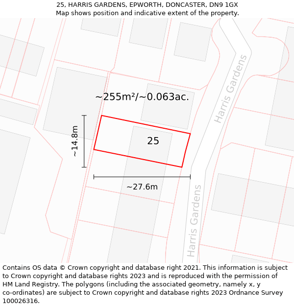 25, HARRIS GARDENS, EPWORTH, DONCASTER, DN9 1GX: Plot and title map