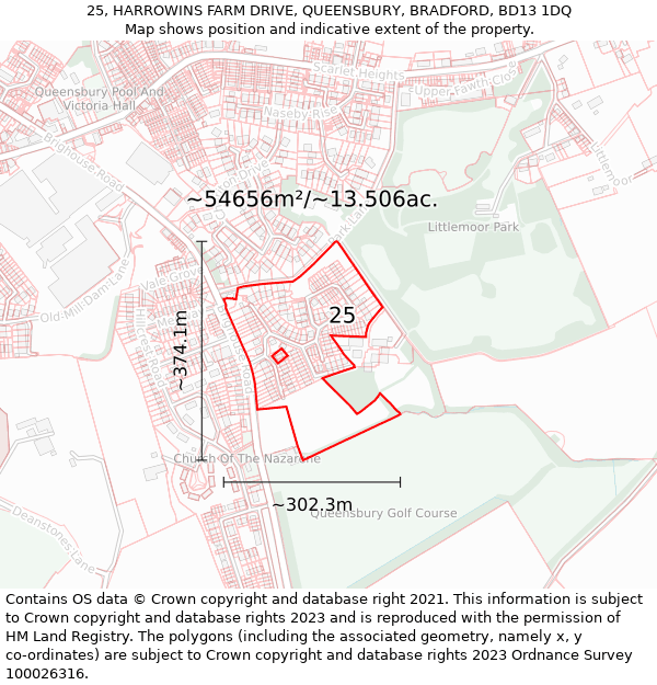 25, HARROWINS FARM DRIVE, QUEENSBURY, BRADFORD, BD13 1DQ: Plot and title map