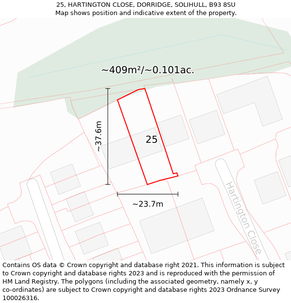 25, HARTINGTON CLOSE, DORRIDGE, SOLIHULL, B93 8SU: Plot and title map