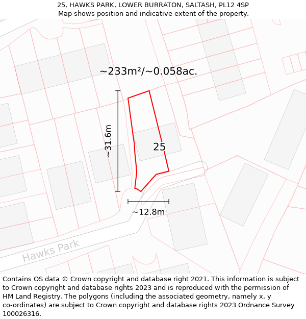 25, HAWKS PARK, LOWER BURRATON, SALTASH, PL12 4SP: Plot and title map