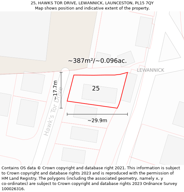 25, HAWKS TOR DRIVE, LEWANNICK, LAUNCESTON, PL15 7QY: Plot and title map