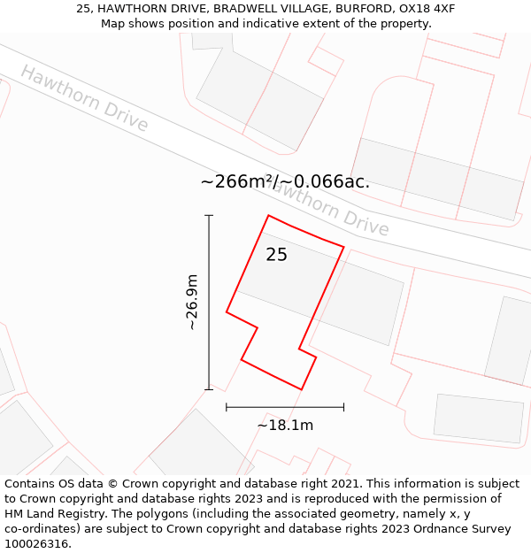 25, HAWTHORN DRIVE, BRADWELL VILLAGE, BURFORD, OX18 4XF: Plot and title map