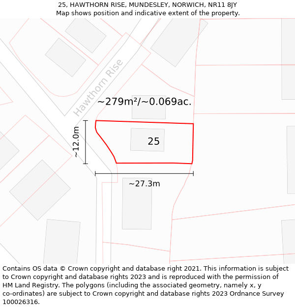 25, HAWTHORN RISE, MUNDESLEY, NORWICH, NR11 8JY: Plot and title map