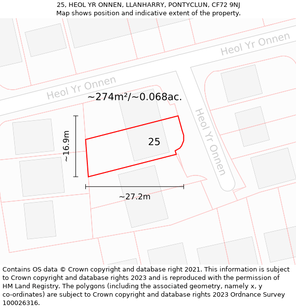 25, HEOL YR ONNEN, LLANHARRY, PONTYCLUN, CF72 9NJ: Plot and title map