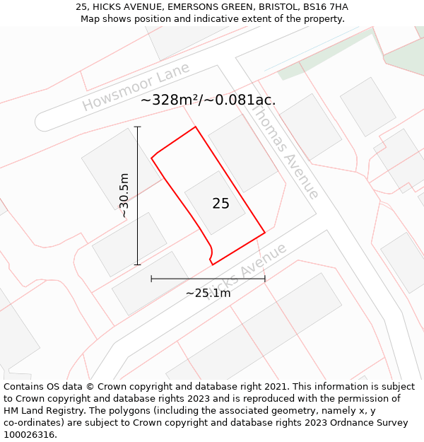 25, HICKS AVENUE, EMERSONS GREEN, BRISTOL, BS16 7HA: Plot and title map