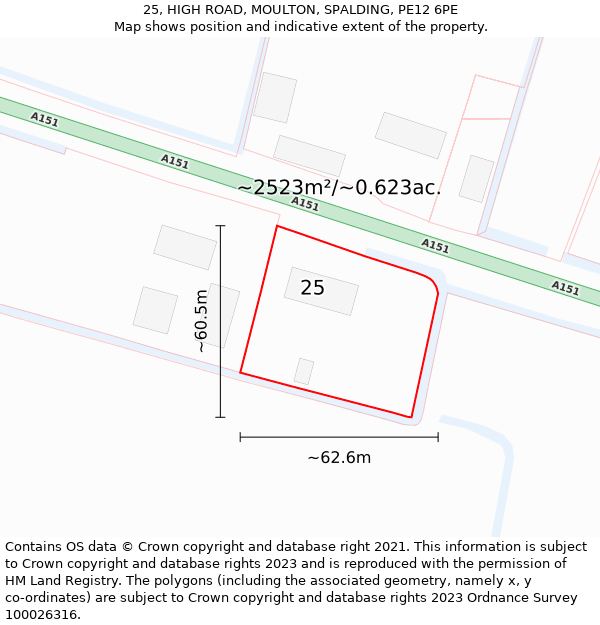 25, HIGH ROAD, MOULTON, SPALDING, PE12 6PE: Plot and title map