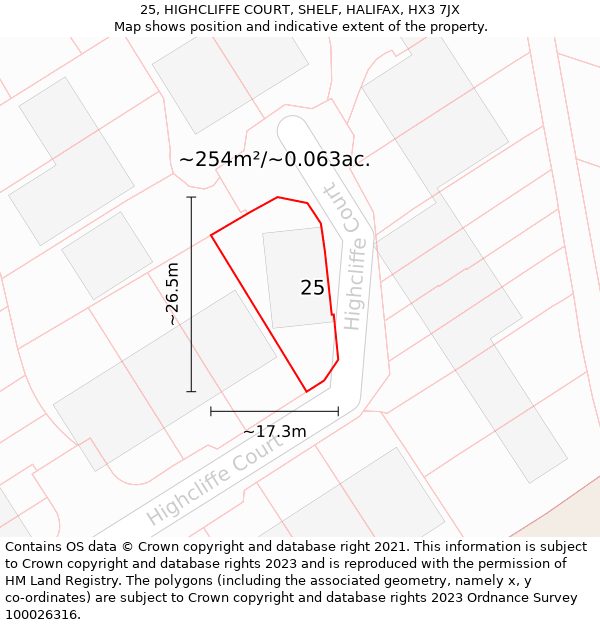 25, HIGHCLIFFE COURT, SHELF, HALIFAX, HX3 7JX: Plot and title map