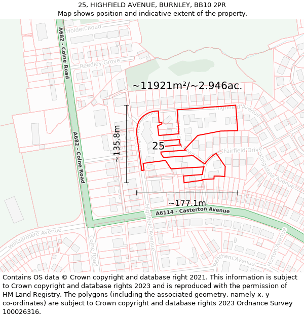 25, HIGHFIELD AVENUE, BURNLEY, BB10 2PR: Plot and title map