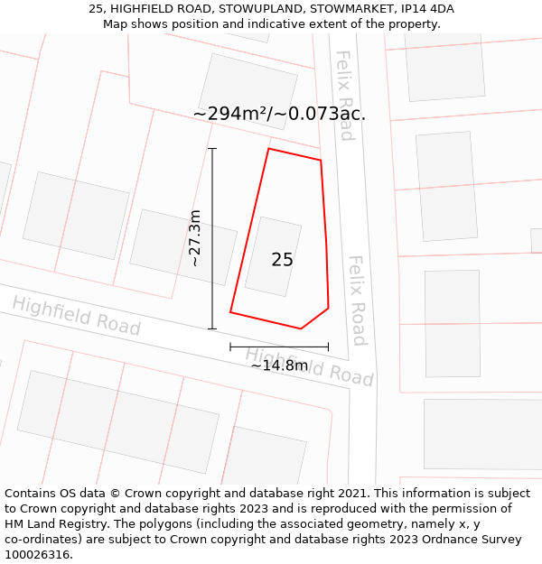 25, HIGHFIELD ROAD, STOWUPLAND, STOWMARKET, IP14 4DA: Plot and title map