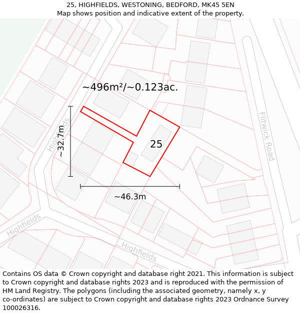 25, HIGHFIELDS, WESTONING, BEDFORD, MK45 5EN: Plot and title map