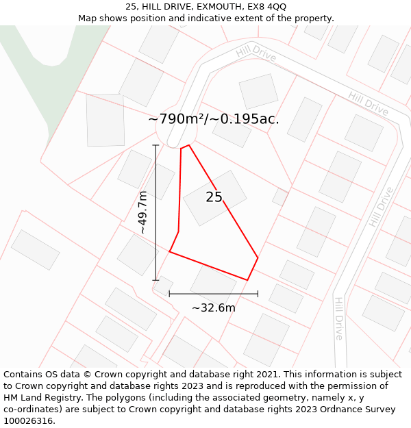 25, HILL DRIVE, EXMOUTH, EX8 4QQ: Plot and title map