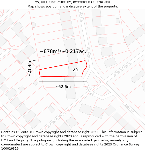 25, HILL RISE, CUFFLEY, POTTERS BAR, EN6 4EH: Plot and title map