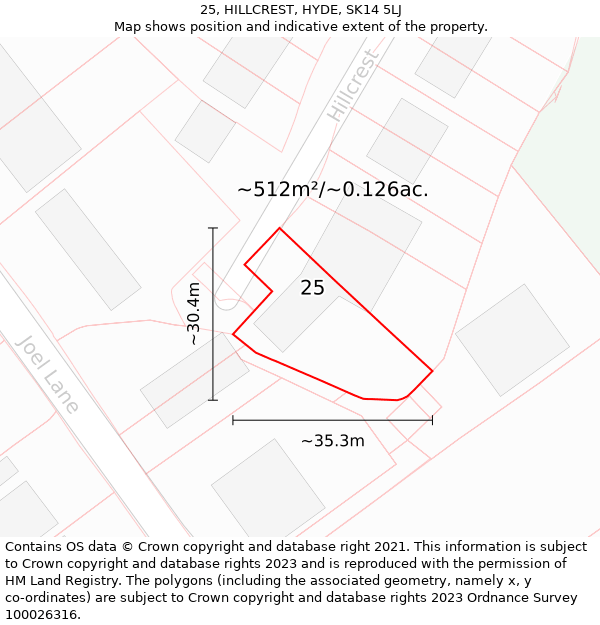 25, HILLCREST, HYDE, SK14 5LJ: Plot and title map