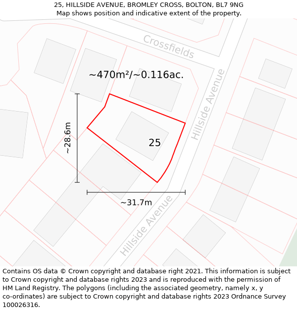 25, HILLSIDE AVENUE, BROMLEY CROSS, BOLTON, BL7 9NG: Plot and title map