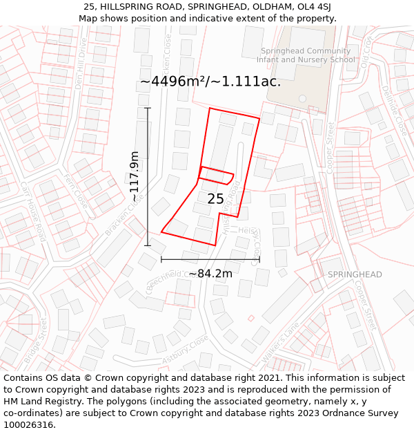 25, HILLSPRING ROAD, SPRINGHEAD, OLDHAM, OL4 4SJ: Plot and title map