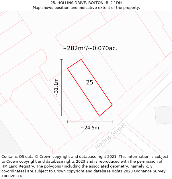 25, HOLLINS DRIVE, BOLTON, BL2 1DH: Plot and title map