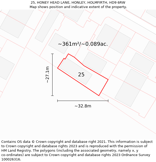25, HONEY HEAD LANE, HONLEY, HOLMFIRTH, HD9 6RW: Plot and title map