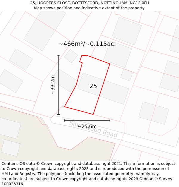 25, HOOPERS CLOSE, BOTTESFORD, NOTTINGHAM, NG13 0FH: Plot and title map