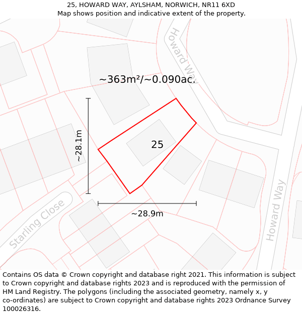 25, HOWARD WAY, AYLSHAM, NORWICH, NR11 6XD: Plot and title map