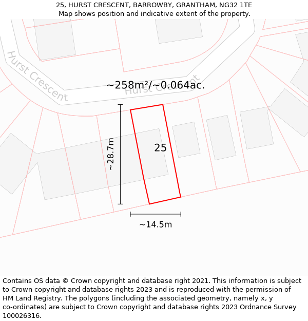 25, HURST CRESCENT, BARROWBY, GRANTHAM, NG32 1TE: Plot and title map