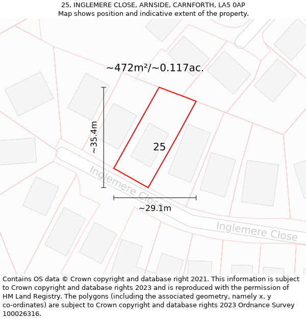 25, INGLEMERE CLOSE, ARNSIDE, CARNFORTH, LA5 0AP: Plot and title map
