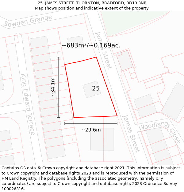 25, JAMES STREET, THORNTON, BRADFORD, BD13 3NR: Plot and title map