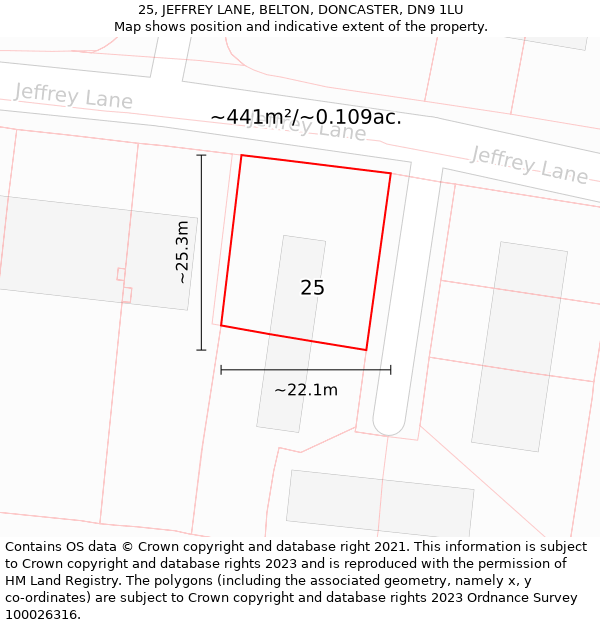 25, JEFFREY LANE, BELTON, DONCASTER, DN9 1LU: Plot and title map