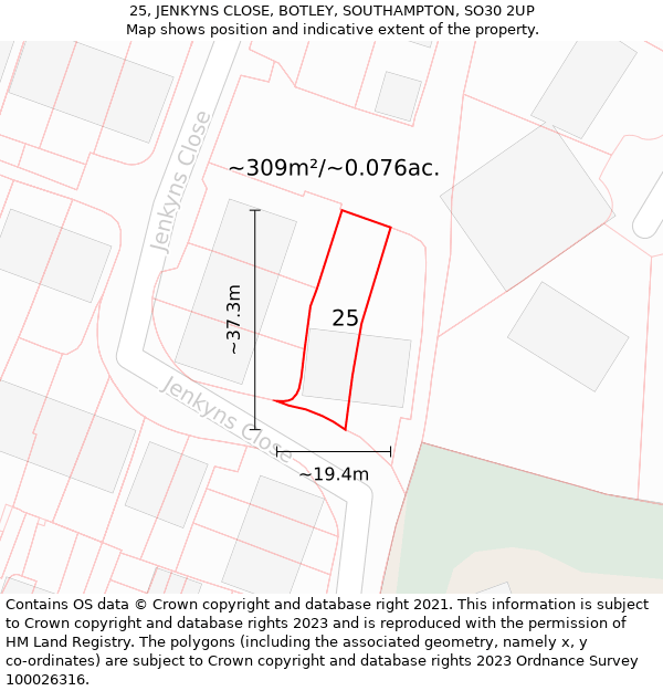 25, JENKYNS CLOSE, BOTLEY, SOUTHAMPTON, SO30 2UP: Plot and title map