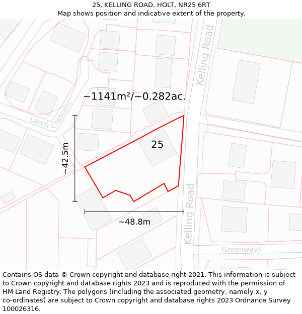 25, KELLING ROAD, HOLT, NR25 6RT: Plot and title map