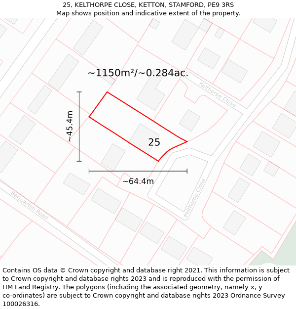 25, KELTHORPE CLOSE, KETTON, STAMFORD, PE9 3RS: Plot and title map