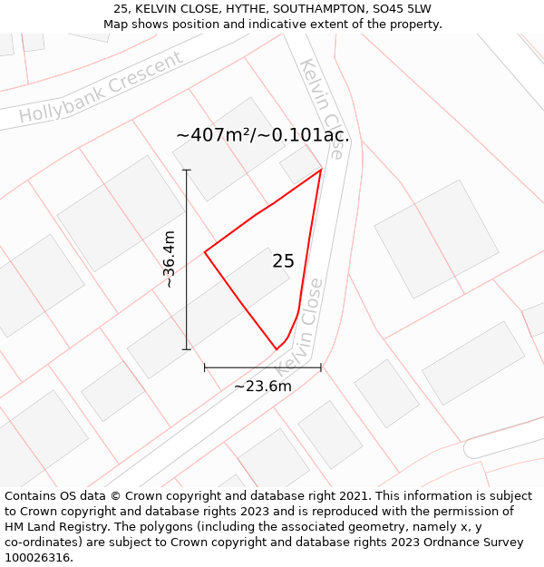 25, KELVIN CLOSE, HYTHE, SOUTHAMPTON, SO45 5LW: Plot and title map