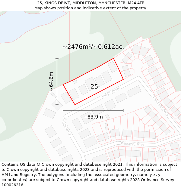 25, KINGS DRIVE, MIDDLETON, MANCHESTER, M24 4FB: Plot and title map