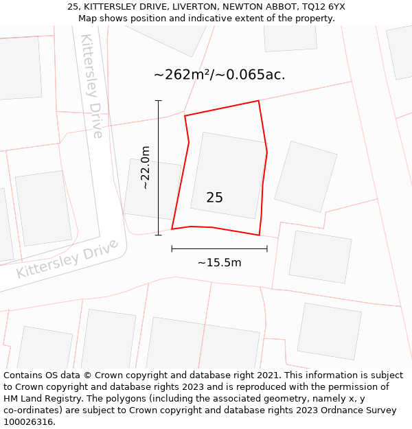 25, KITTERSLEY DRIVE, LIVERTON, NEWTON ABBOT, TQ12 6YX: Plot and title map