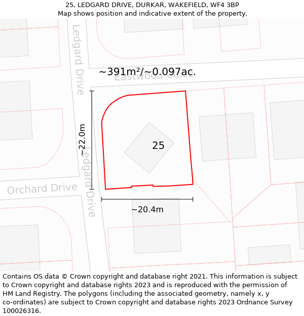 25, LEDGARD DRIVE, DURKAR, WAKEFIELD, WF4 3BP: Plot and title map