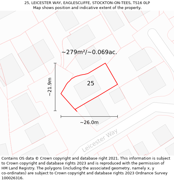 25, LEICESTER WAY, EAGLESCLIFFE, STOCKTON-ON-TEES, TS16 0LP: Plot and title map