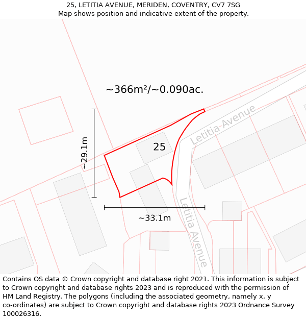 25, LETITIA AVENUE, MERIDEN, COVENTRY, CV7 7SG: Plot and title map